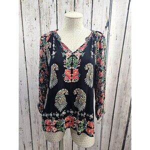 BILA Black Floral Boho Crepe Tunic Peasant Blouse Shirt Top Women's S Rayon‎